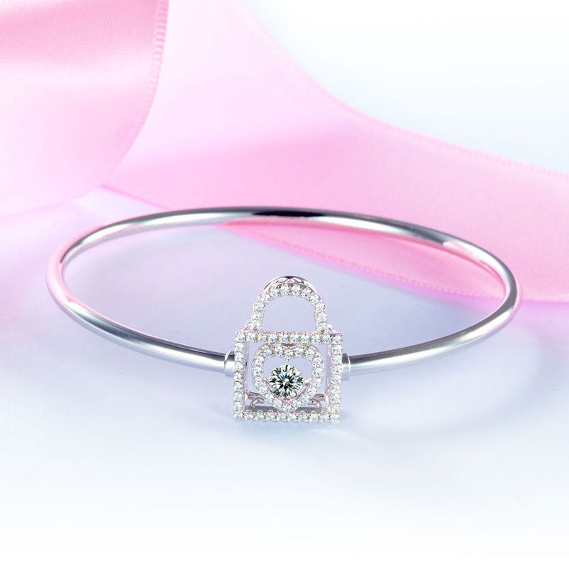 Heart Lock Dancing Stone Bangle Solid 925 Sterling Silver Good for Bridal Bridesmaid Gift