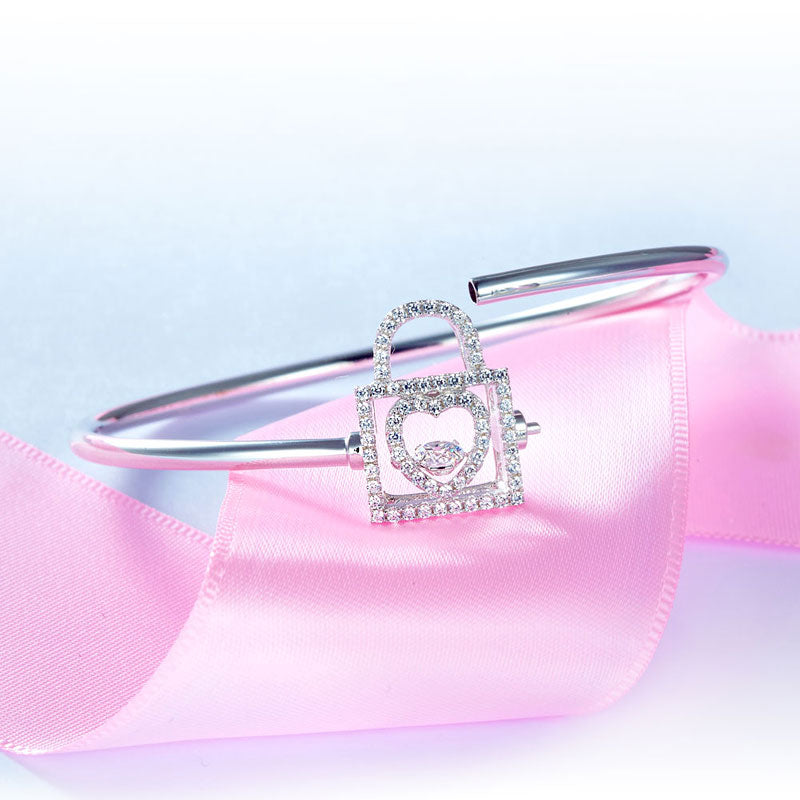 Heart Lock Dancing Stone Bangle Solid 925 Sterling Silver Good for Bridal Bridesmaid Gift