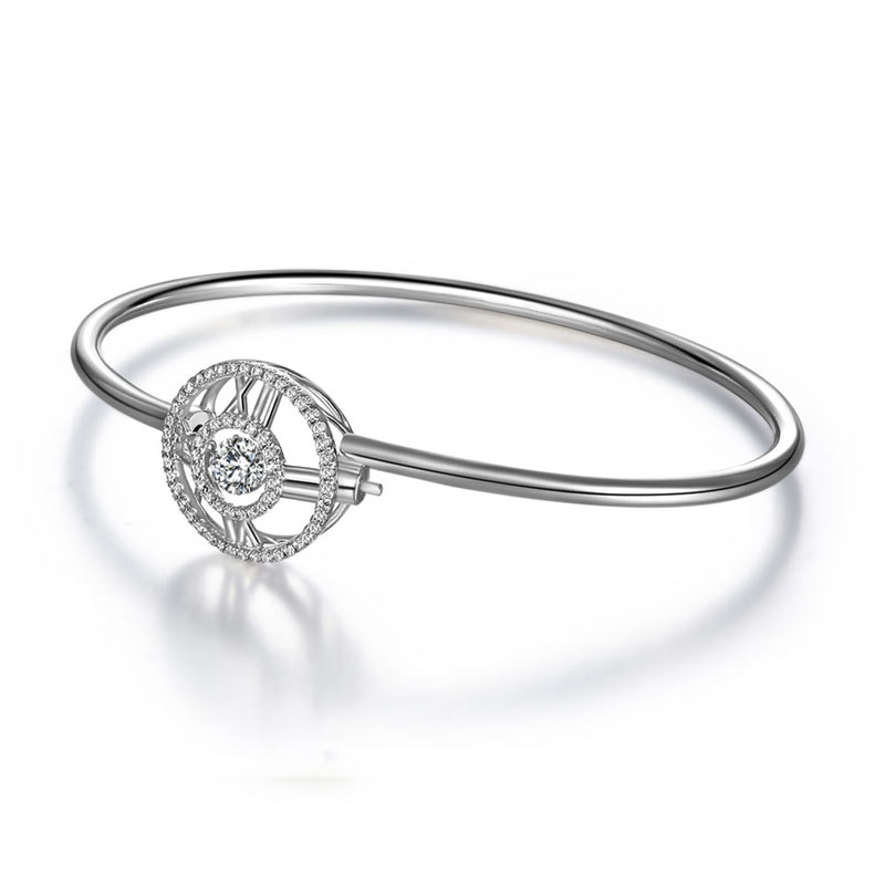 Roman Number Dancing Stone Bangle Solid 925 Sterling Silver for Women