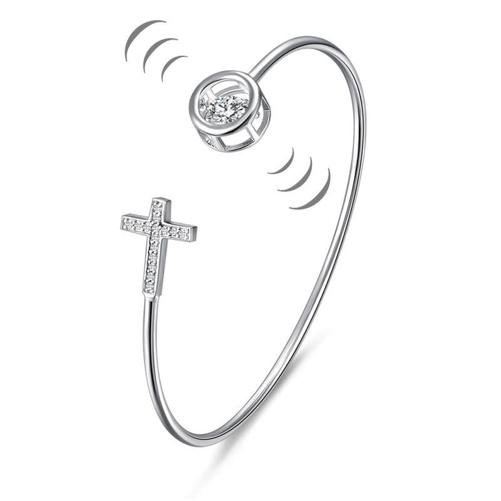 Dancing Stone Cross Bangle Solid 925 Sterling Silver Bridal Wedding