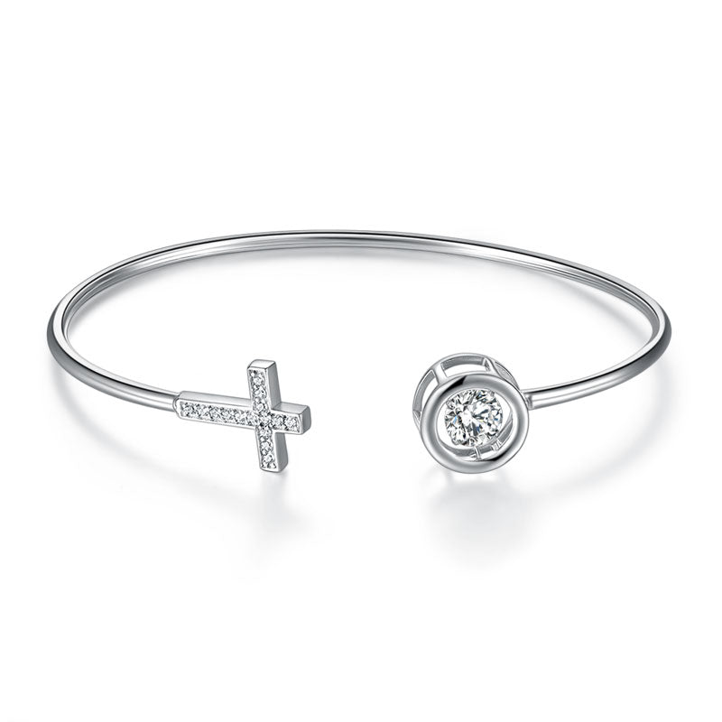 Dancing Stone Cross Bangle Solid 925 Sterling Silver Bridal Wedding
