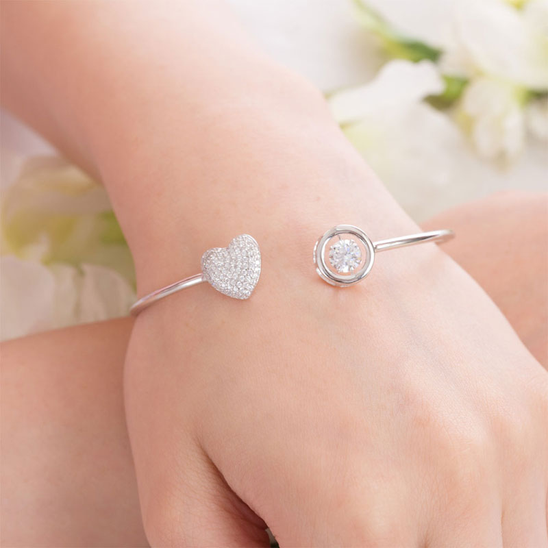 Dancing Stone Heart Bangle Solid 925 Sterling Silver Bridal Wedding