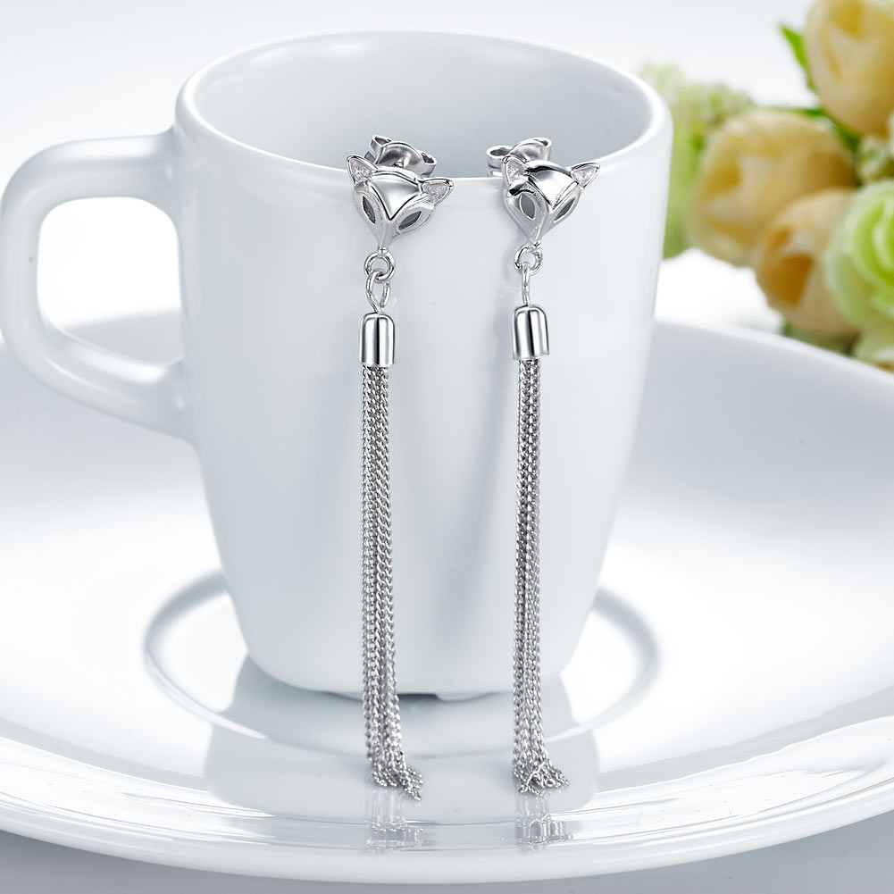Solid 925 Sterling Silver Earrings Dangle Drop Fox Simple Elegant