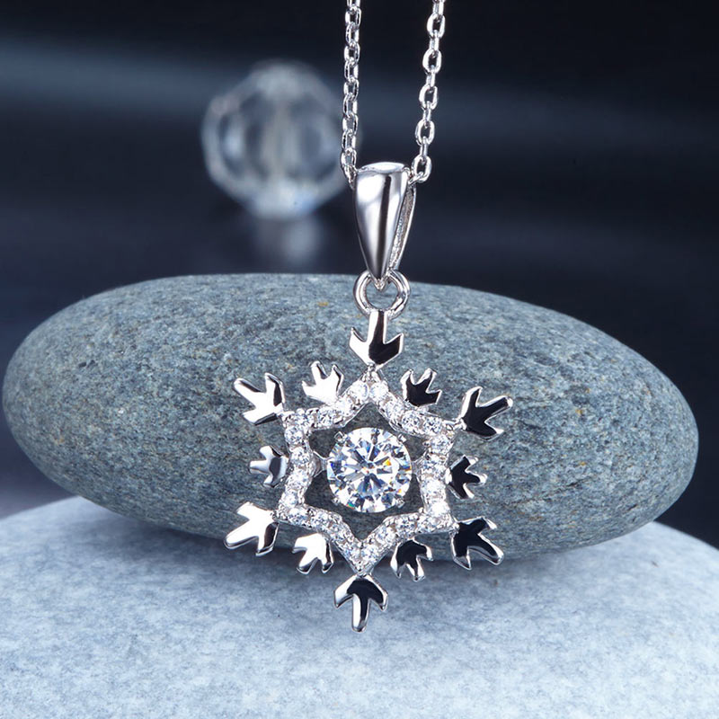 Dancing Stone Snowflake Pendant Necklace 925 Sterling Silver Good for Bridal Bridesmaid Gift