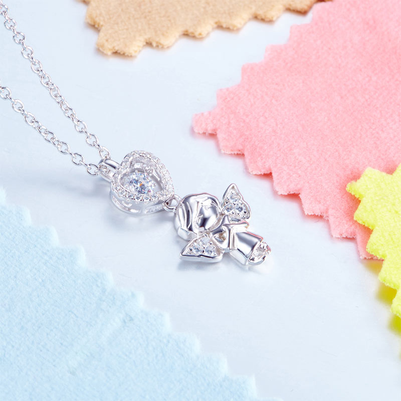 Angel Heart Dancing Stone Kids Girl Pendant Necklace Solid 925 Sterling Silver Children Jewelry