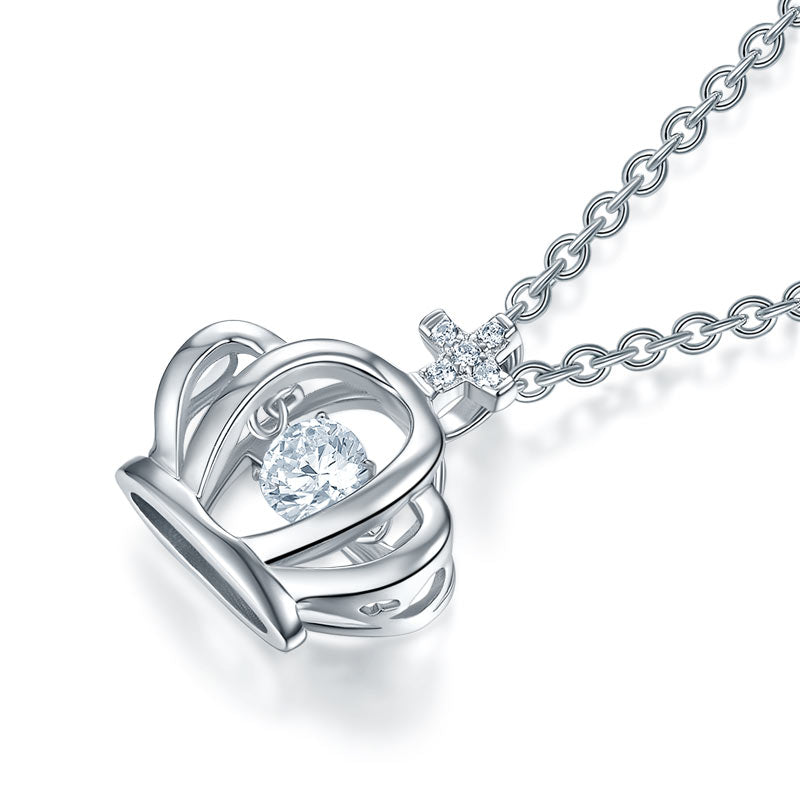 Crown Dancing Stone Kids Girl Pendant Necklace Solid 925 Sterling Silver Children Jewelry