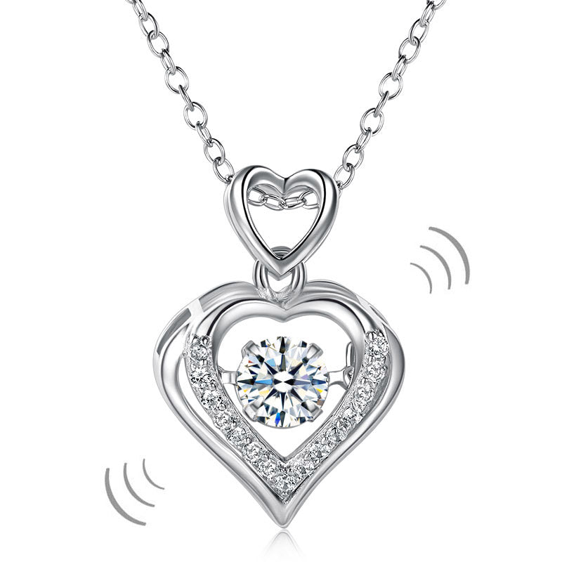 Double Heart Dancing Stone Pendant Necklace 925 Sterling Silver Good for Wedding Bridesmaid Gift