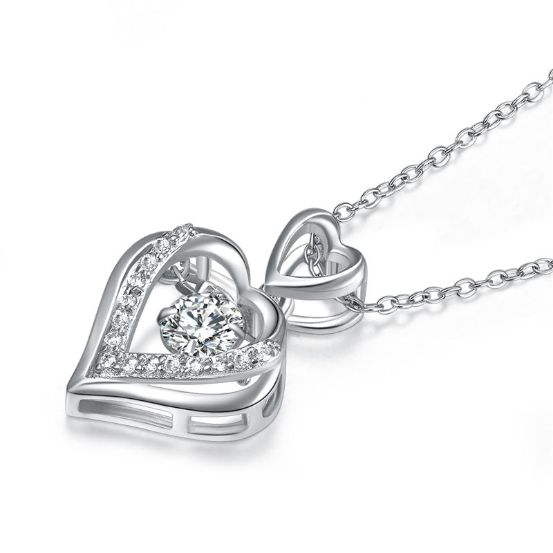 Double Heart Dancing Stone Pendant Necklace 925 Sterling Silver Good for Wedding Bridesmaid Gift