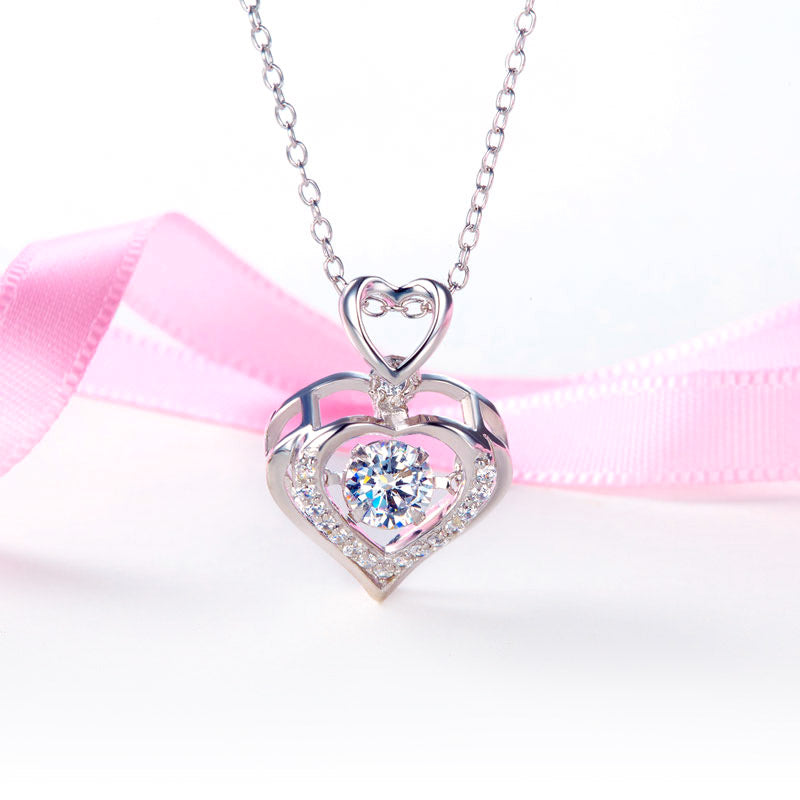 Double Heart Dancing Stone Pendant Necklace 925 Sterling Silver Good for Wedding Bridesmaid Gift