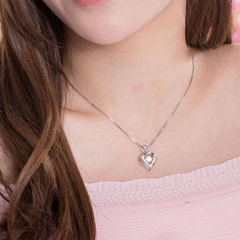Double Heart Dancing Stone Pendant Necklace 925 Sterling Silver Good for Wedding Bridesmaid Gift