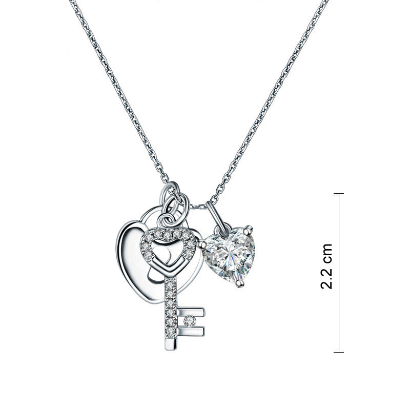 Love Heart Lock Key 925 Sterling Silver Pendant Necklace 1.5 Carat Simulated Diamond