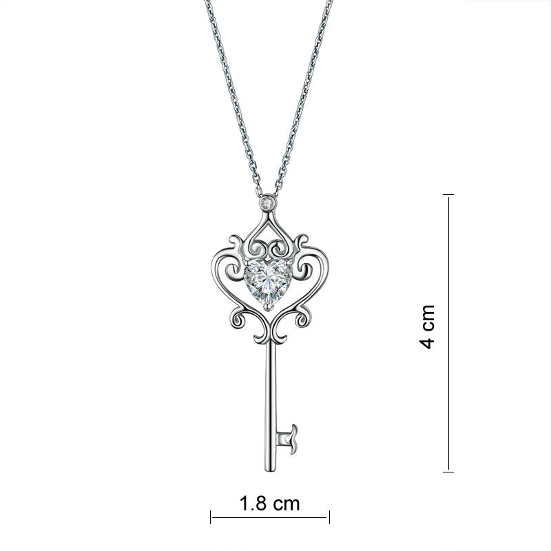 Love Heart Key 925 Sterling Silver Pendant Necklace Vintage Style 1.5 Carat Simulated Diamond