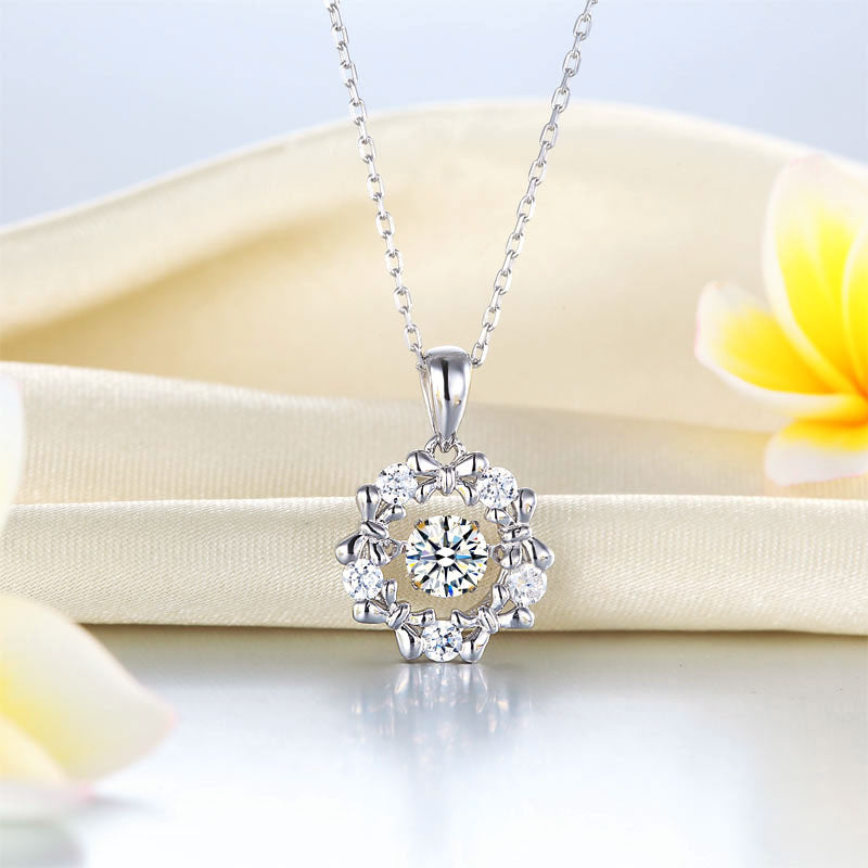 Dancing Stone Pendant Necklace 925 Sterling Silver Ribbon Flower
