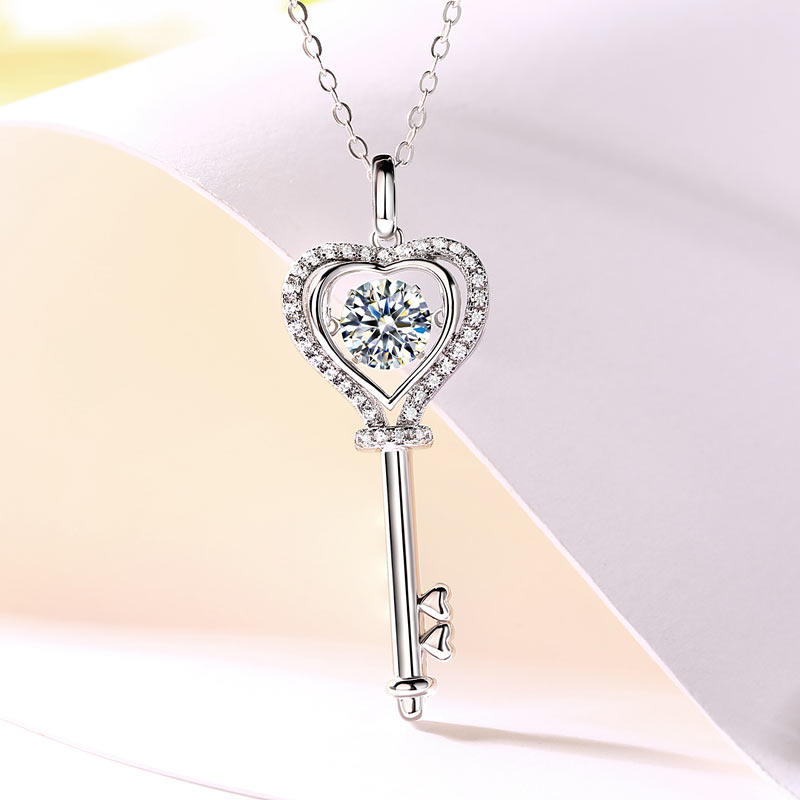 1 Carat Moissanite Diamond Dancing Stone Key Necklace 925 Sterling Silver