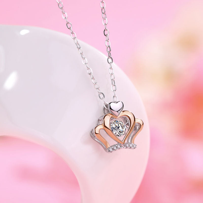 0.3 Carat Moissanite Diamond Dancing Stone Heart Crown Necklace 925 Sterling Silver