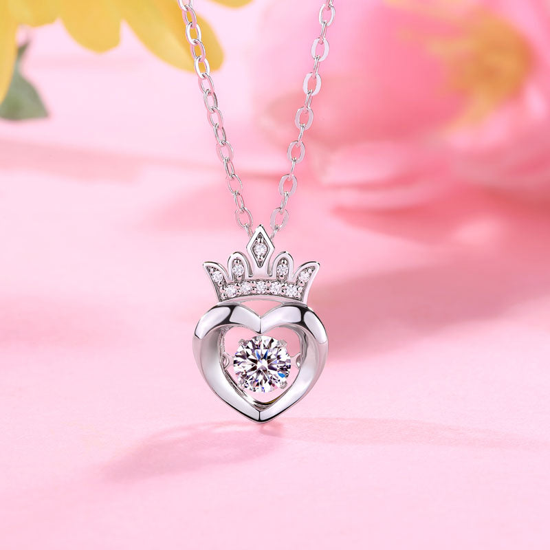 0.4 Carat Moissanite Diamond Dancing Stone Heart Crown Necklace 925 Sterling Silver