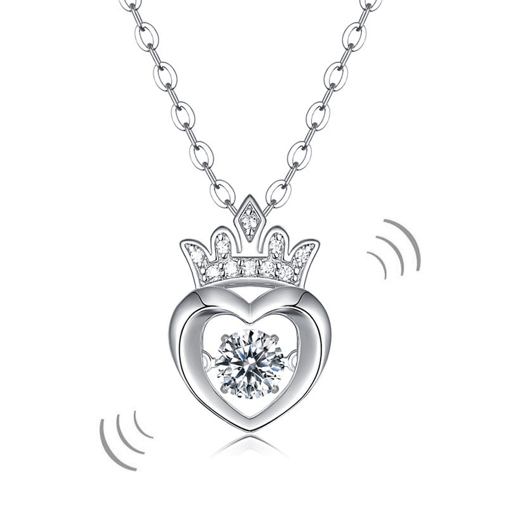 0.4 Carat Moissanite Diamond Dancing Stone Heart Crown Necklace 925 Sterling Silver