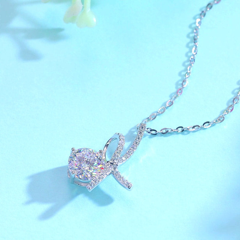 1 Carat Moissanite Diamond Ribbon Pendant Necklace 925 Sterling Silver