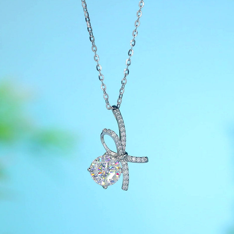 1 Carat Moissanite Diamond Ribbon Pendant Necklace 925 Sterling Silver