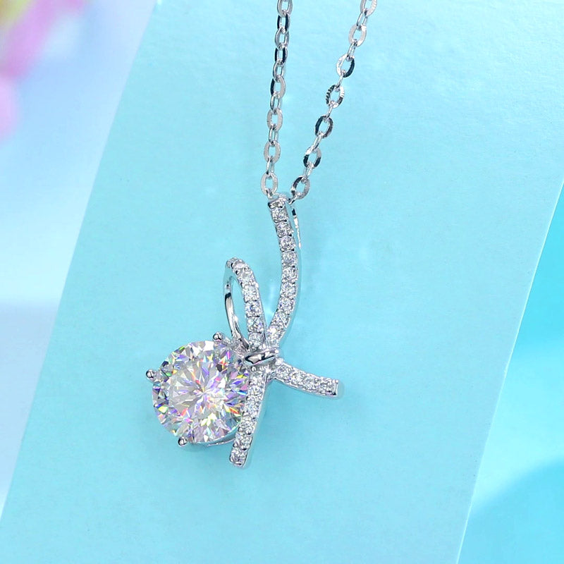 1 Carat Moissanite Diamond Ribbon Pendant Necklace 925 Sterling Silver