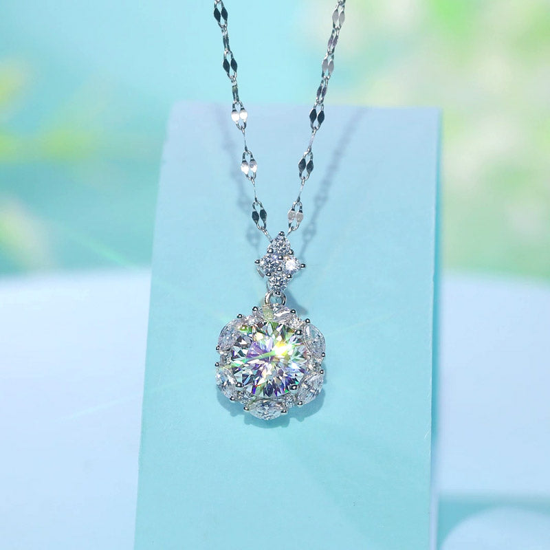 2 Carats Moissanite Diamond Flower Pendant Necklace 925 Sterling Silver