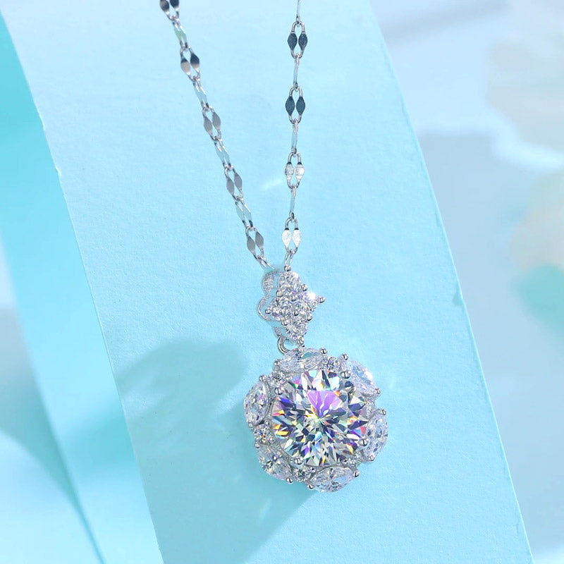 2 Carats Moissanite Diamond Flower Pendant Necklace 925 Sterling Silver