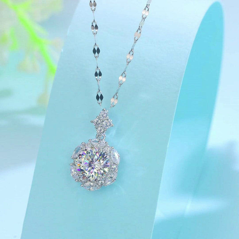 2 Carats Moissanite Diamond Flower Pendant Necklace 925 Sterling Silver
