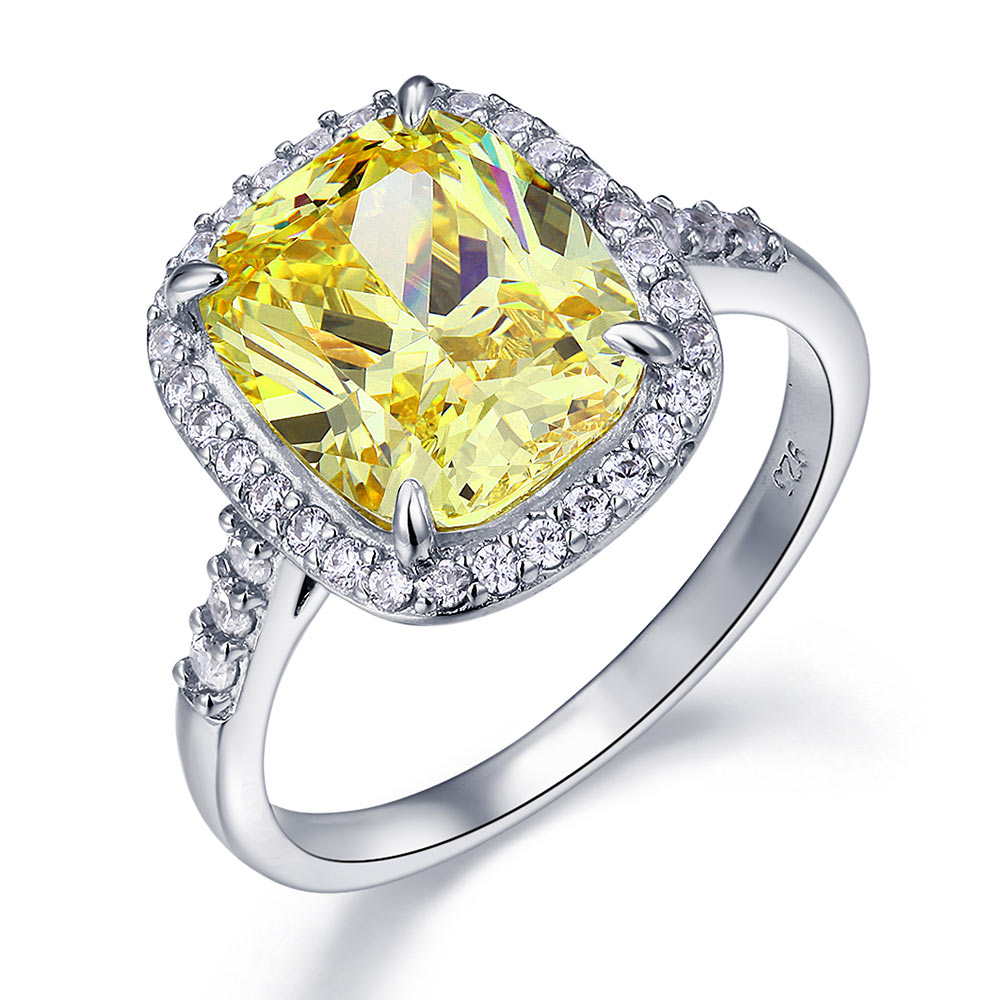 Solid 925 Sterling Silver Luxury Engagement Ring 6 ct Cushion Cut Yellow Canary Simulated Diamante Jewelry