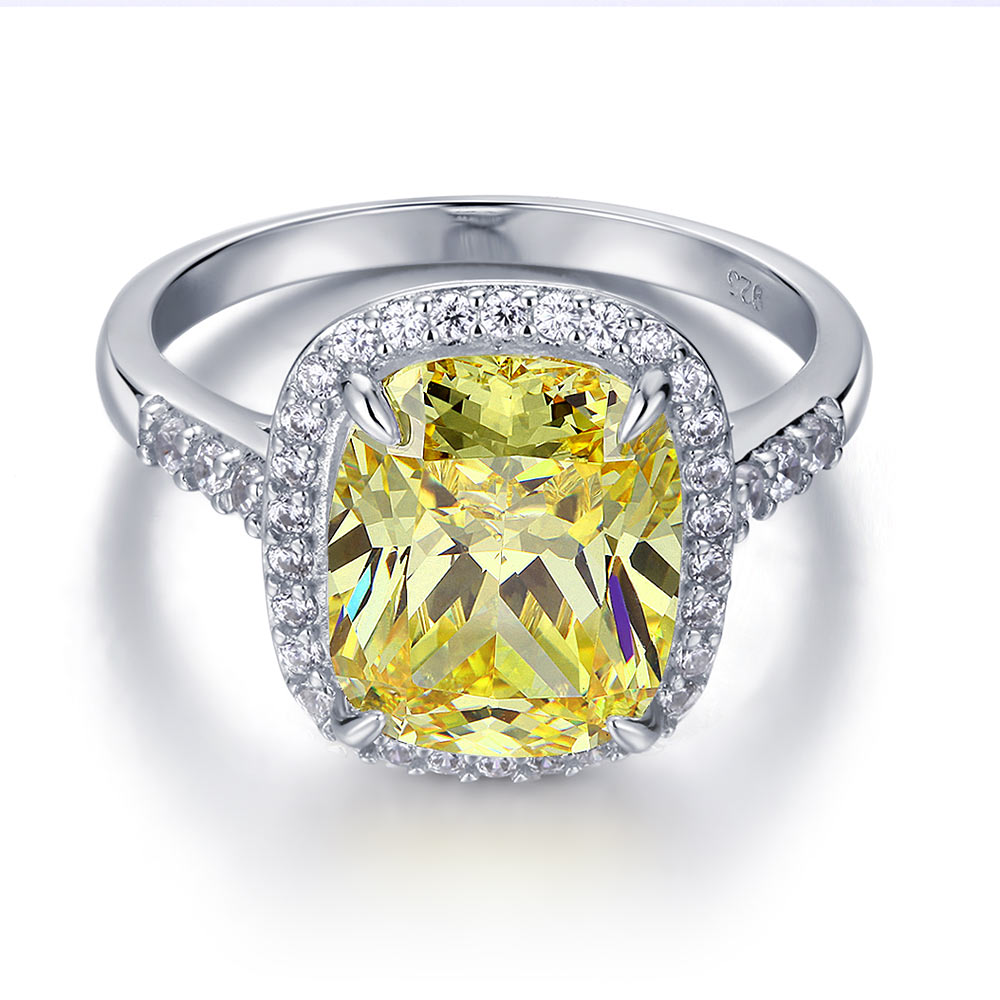 Solid 925 Sterling Silver Luxury Engagement Ring 6 ct Cushion Cut Yellow Canary Simulated Diamante Jewelry
