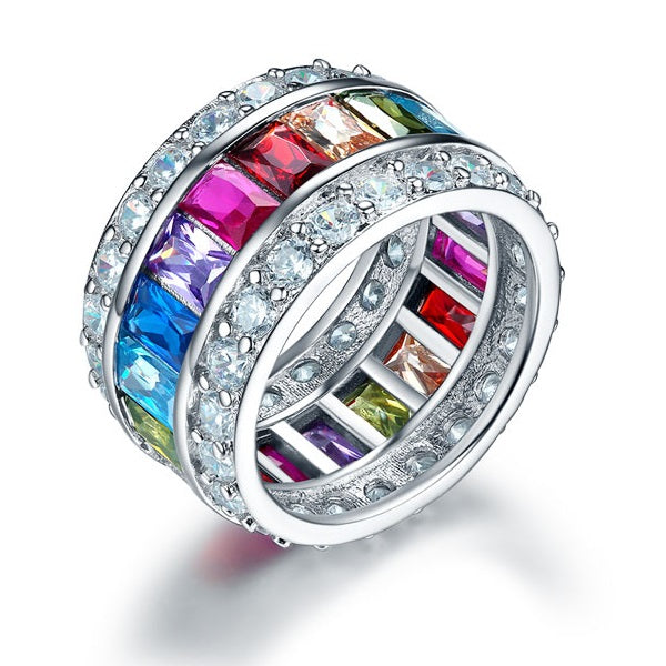 Multi-Color Simulated Topaz Band Wedding Anniversary 925 Sterling Silver Ring