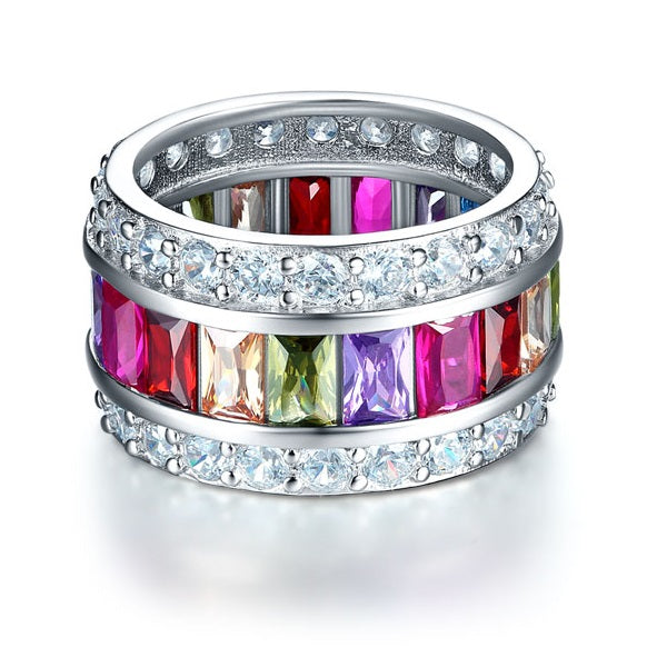 Multi-Color Simulated Topaz Band Wedding Anniversary 925 Sterling Silver Ring