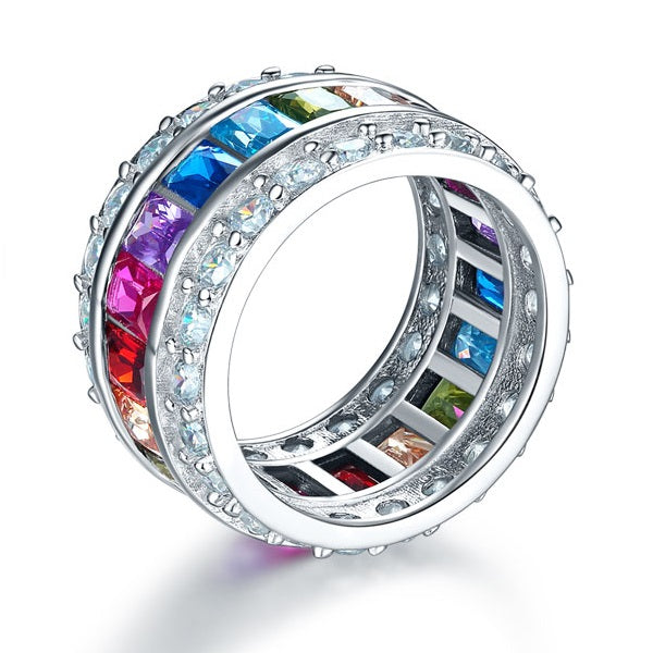 Multi-Color Simulated Topaz Band Wedding Anniversary 925 Sterling Silver Ring