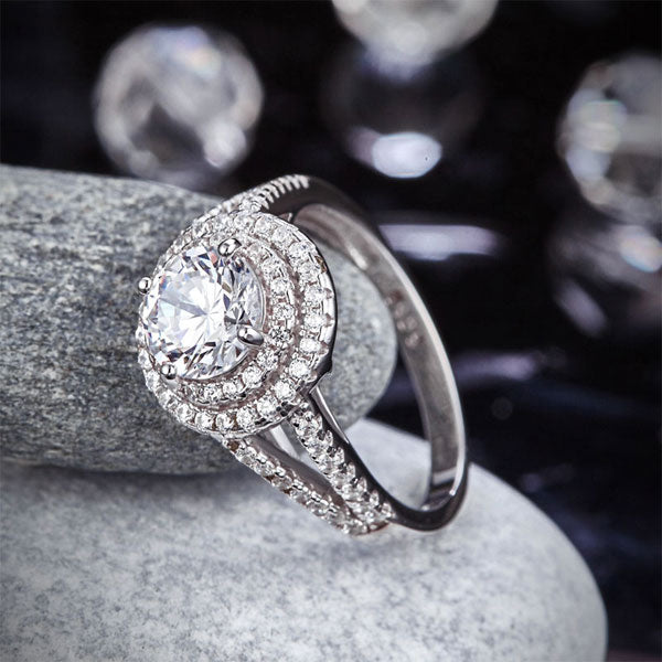 Double Halo 925 Sterling Silver Wedding Engagement Ring 1.25 Ct Simulated Diamond Promise Anniversary