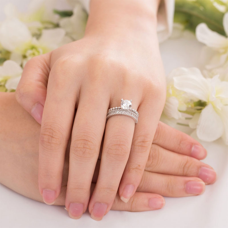 Solid 925 Sterling Silver 2-Pcs Wedding Engagement Ring Set 1 Ct Simulated Diamante Jewelry