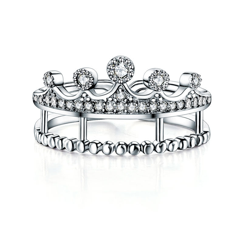 Solid 925 Sterling Silver Ring Crown Shape Simulated Diamond for Lady Trendy Stylish Jewelry