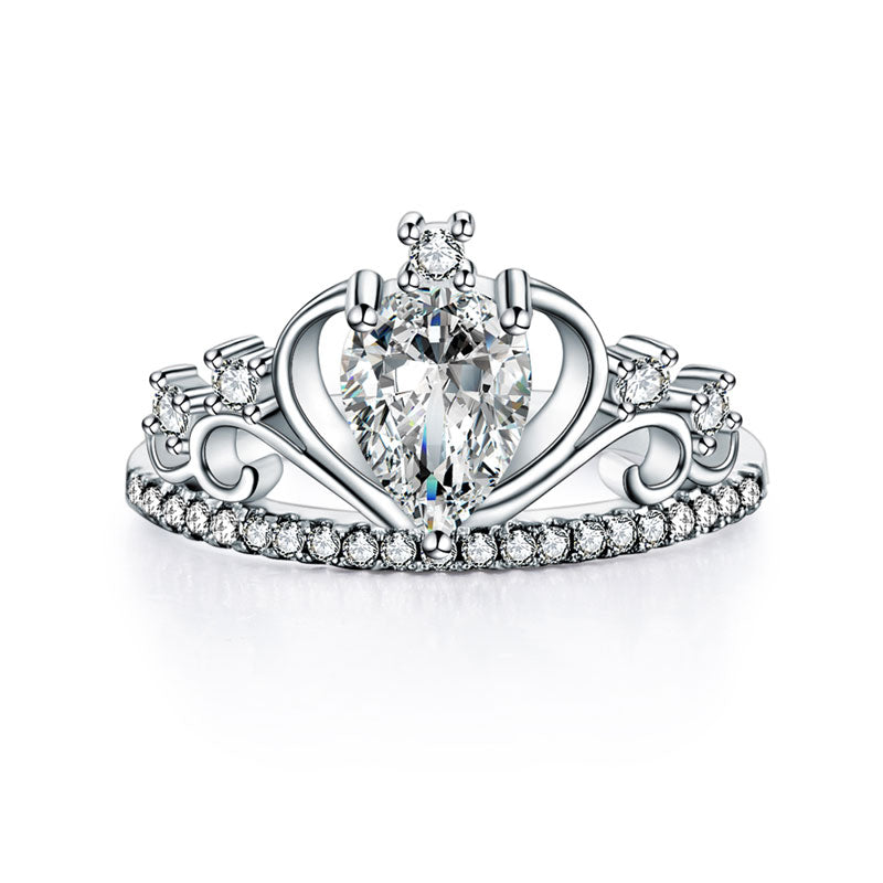 Solid 925 Sterling Silver Crown Ring 1 Carat Pear Cut for Lady Trendy Stylish Jewelry