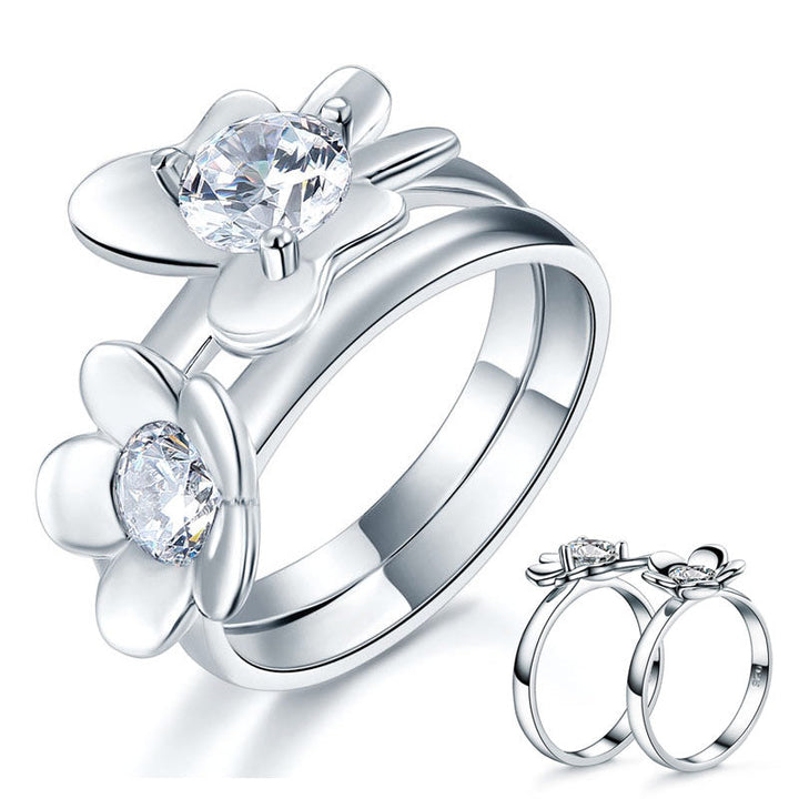Solid 925 Sterling Silver 2-Pcs Butterfly Flower Ring Set Lady Jewelry 2017 New Design