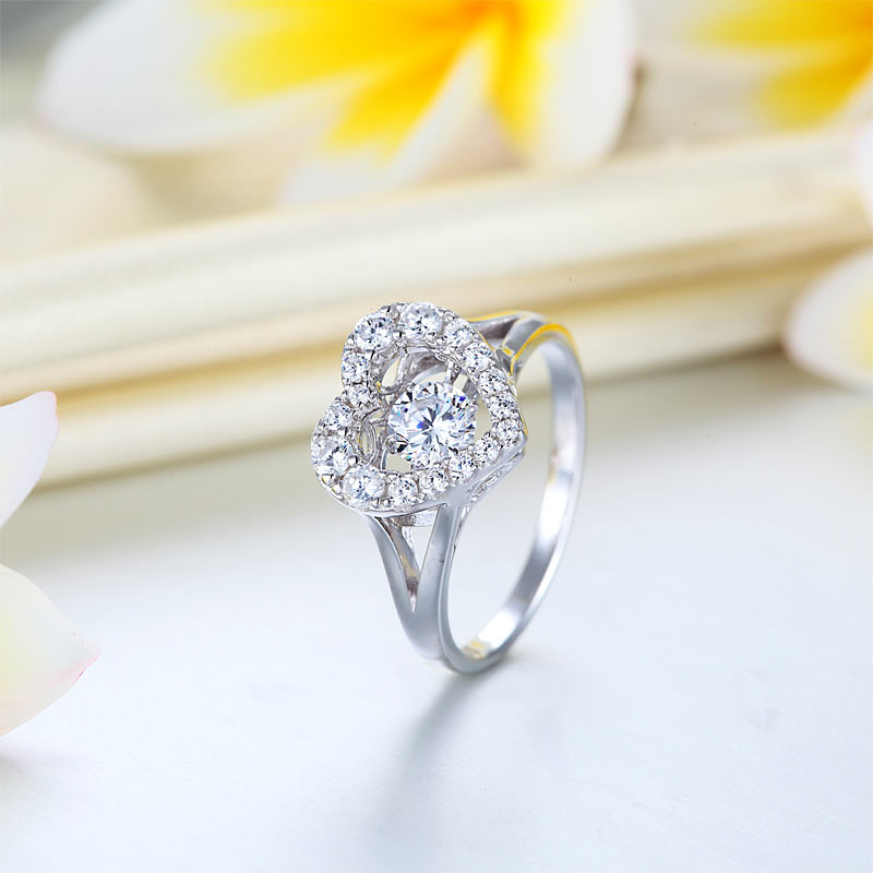 Dancing Stone Heart Solid 925 Sterling Silver Ring Fashion Wedding Jewelry