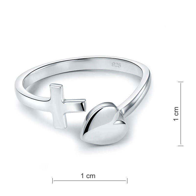 Plain Solid 925 Sterling Silver Ring Cross Heart for Lady Trendy Stylish