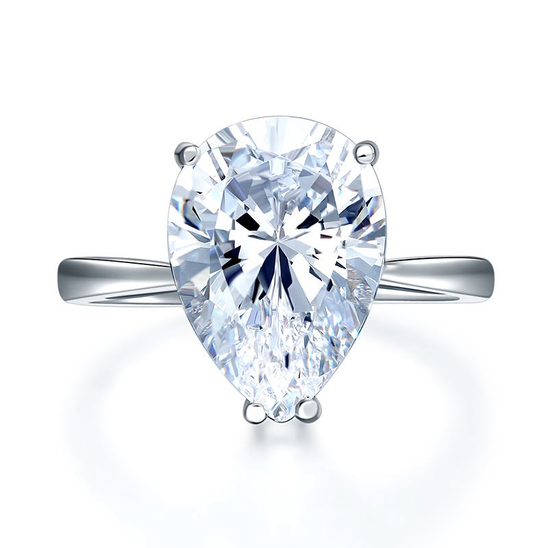 Solid 925 Sterling Silver Luxury Ring Solitaire Pear 4.5 Carat Wedding Engagement Party Pageant Jewelry