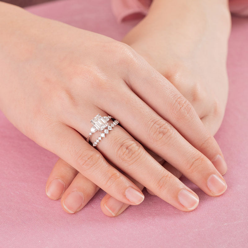 2 Carat Emerald Cut Moissanite Diamond Ring Set ( 2 pcs) 925 Sterling Silver