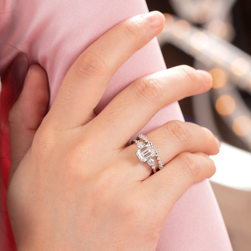 2 Carat Emerald Cut Moissanite Diamond Ring Set ( 2 pcs) 925 Sterling Silver