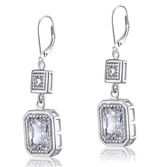 4 Carat Emerald Cut Simulated Diamond 925 Sterling Silver Dangle Earrings
