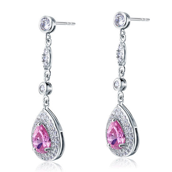1.5 Carat Pear Cut Pink Simulated Sapphire 925 Sterling Silver Dangle Earrings