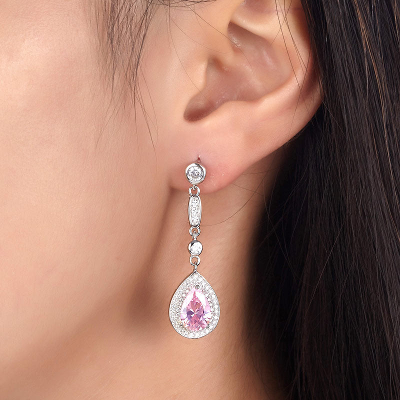 1.5 Carat Pear Cut Pink Simulated Sapphire 925 Sterling Silver Dangle Earrings