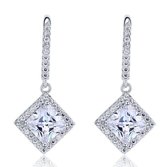 3 Carat Simulated Princess Cut Diamond Dangle Drop Sterling 925 Silver Earrings