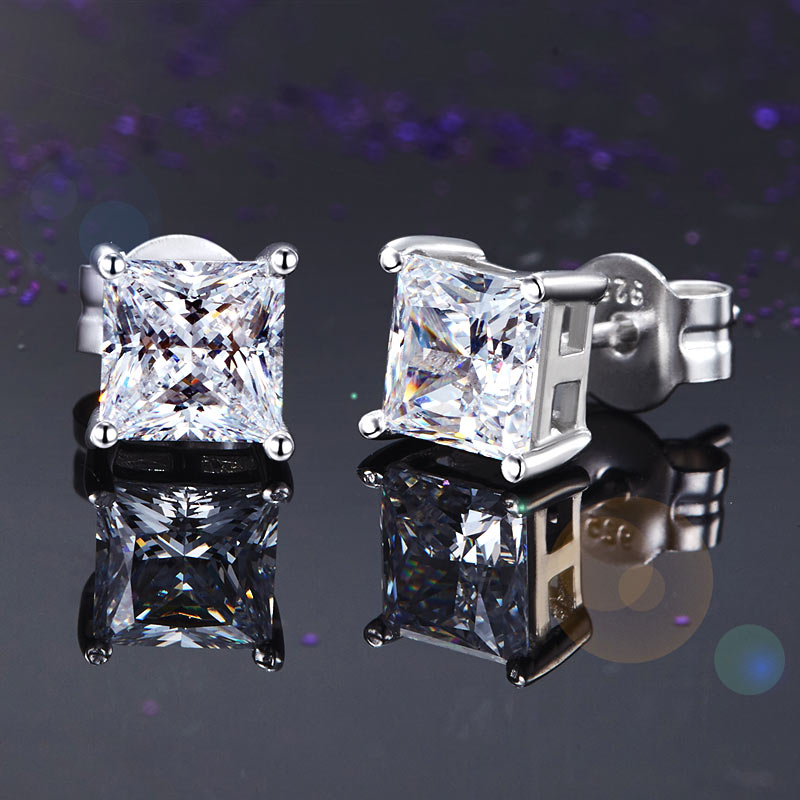 925 Sterling Silver Stud Earrings 1 Carat Princess Cut Simulated Diamond