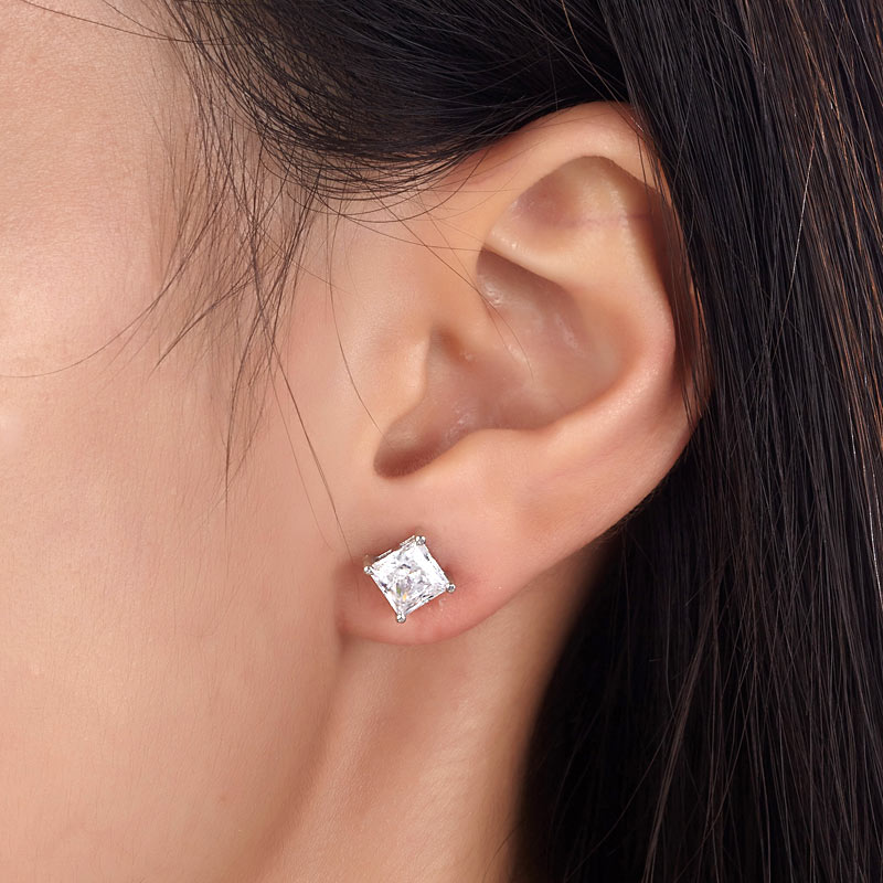 925 Sterling Silver Stud Earrings 1 Carat Princess Cut Simulated Diamond