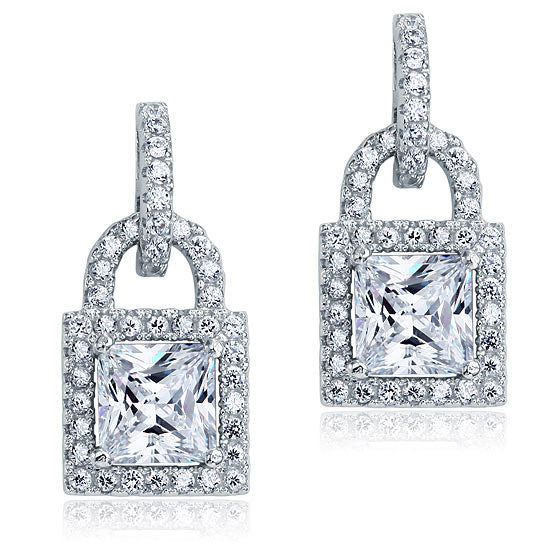 Simulated Diamond Dangle Drop Key Lock Sterling 925 Silver Earrings