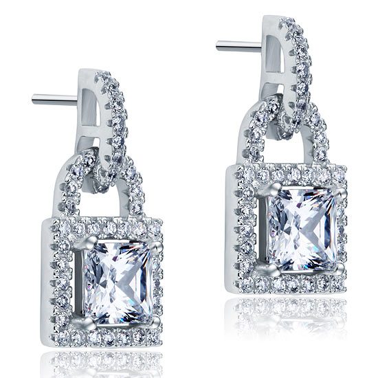 Simulated Diamond Dangle Drop Key Lock Sterling 925 Silver Earrings